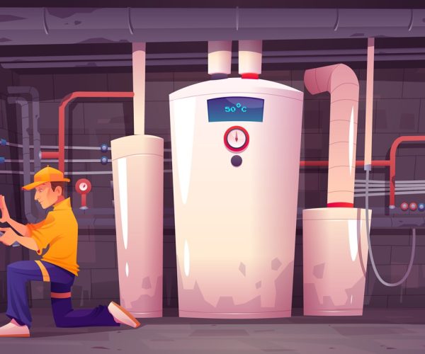 Home basement with boiler and water pipes. Plumber repairs electric heating system. Vector cartoon interior of boiler room in house cellar with heater and technician with wrench