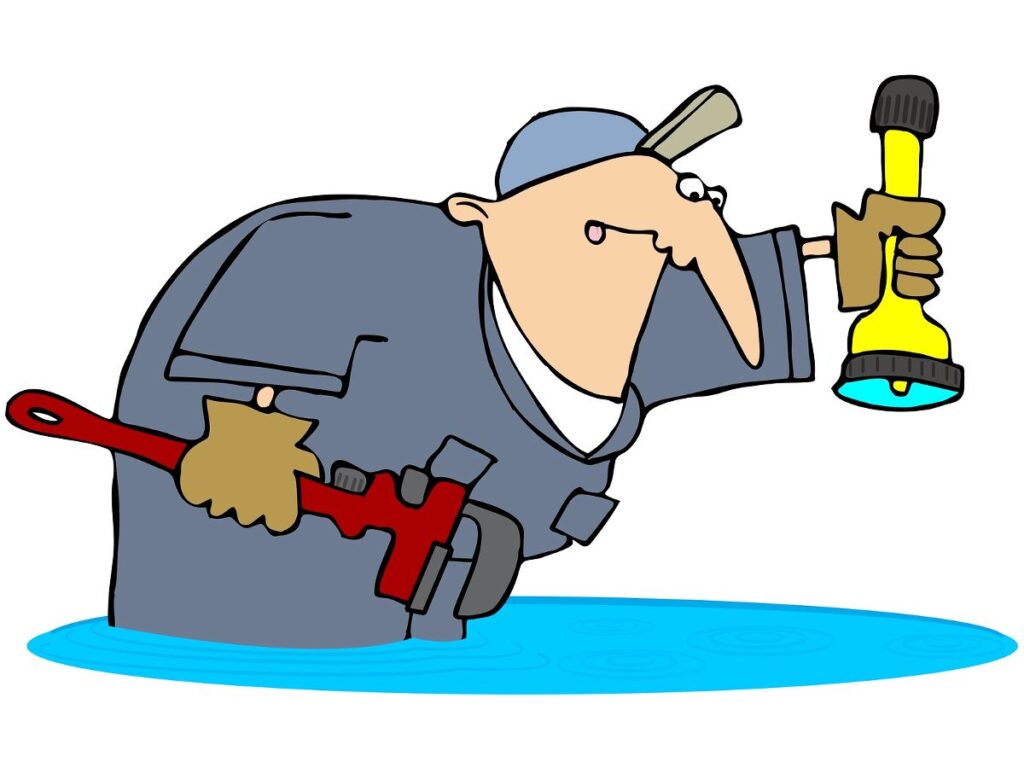 This illustration depicts a worker standing in water and holding a pipe wrench and flashlight.